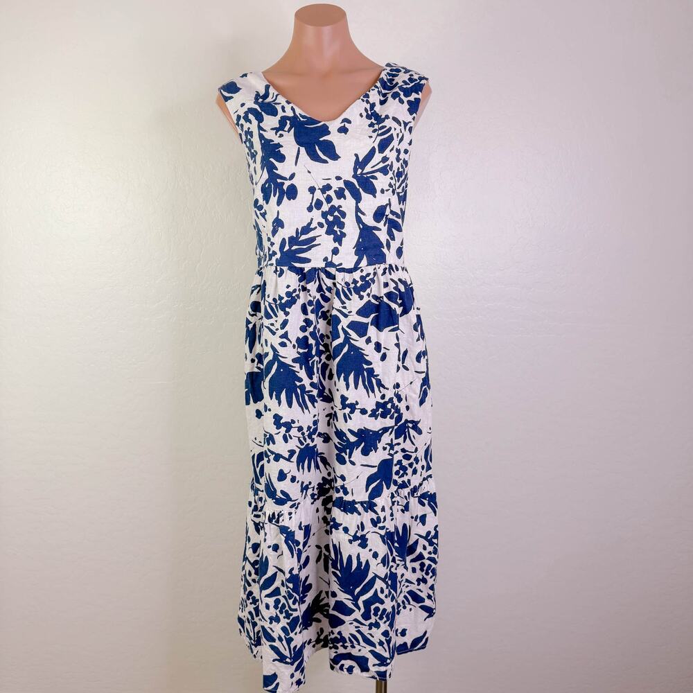 Magaschoni Bold Shadow Fauna Linen Smocked Midi Dress Blue White Size 10 NWT - Picture 2 of 9